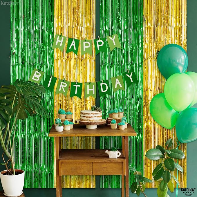KatchOn, Green and Gold Foil Fringe Curtains - 6.5x6.5 Feet | St Patricks Day Backdrop for St Patricks Day Decorations | St Patrick's Backdrop, St. Patrick's Day Decorations