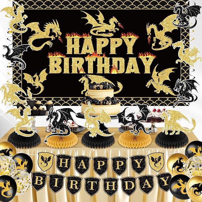 Dragon Birthday Party Decorations Black Gold Dragon Knight Party Supplies with Birthday Banner Backdrop Honeycomb Topper Hanging Swirls Balloons for Kids Dragon Decor