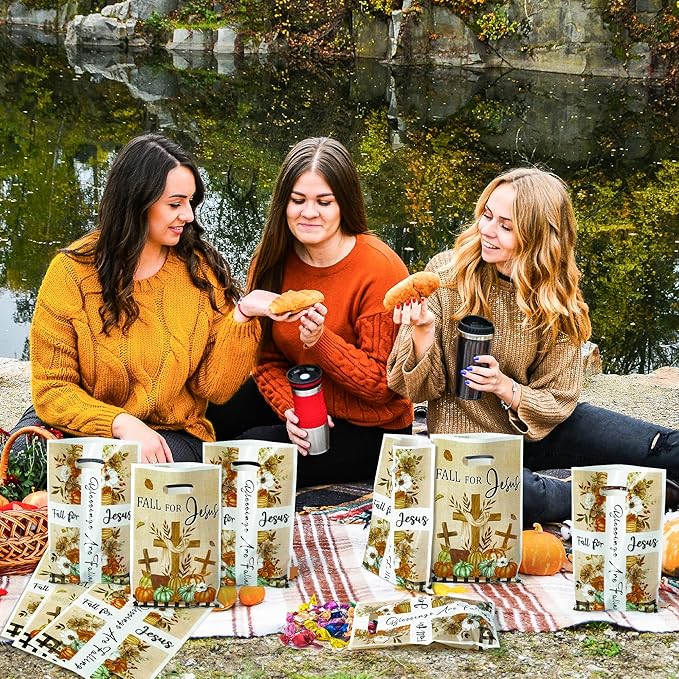 50Pcs Fall for Jesus Christian Religion Party Favor Bags, Fall Thanksgiving Party Gift Bags, Autumn Cross Pumpkin Goody Treat Bags, Fall Themed Party Decoration for Thanksgiving Harvest Party Supplies