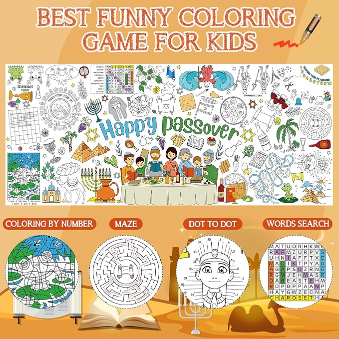 Happy Passover Large Coloring Tablecloth Poster for Kids, Pesach Jumbo Coloring Paper Poster Sheets, Passover Color-in Craft Activities for Kids Festive Seder Party Supplies Decorations, 30 x 72Inch