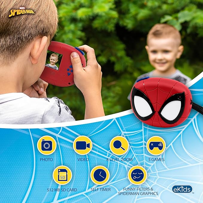 ekids Spiderman Kids Camera with SD Card, Digital Camera for Kids with Video Recording, Built-in Digital Stickers (Spiderman)