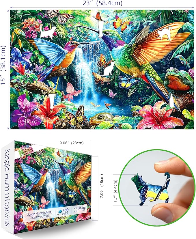 Tropical Birds Flowers 500 Piece Jigsaw Puzzle for Adults Hummingbird Waterfall Scene with Butterflies & Flowers Nature Puzzle Fun Adult Family Relaxing Activity Seniors - 23x15 Inch