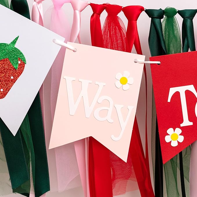 Strawberry 1/2 Way To One High Chair Banner - 6 Months Birthday Party Decorations, Berry Sweet Girl Half Birthday Party Supplies High Chair Banner, Strawberry Sign Baby Shower Party Garland
