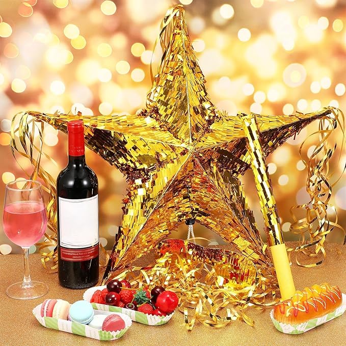 Foil Star Piñata with Blindfold and Bat for Birthday Foldable Star Shape Piñata with Stick Festive Fiesta Party Supplies Favors for Mexican Party (Gold)