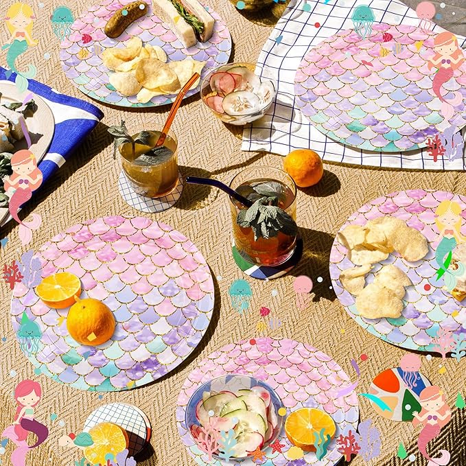 CANREVEL 96 PCS Mermaid Party Plates & Napkins Set, Serve 24, Disposable Tableware for Mermaid Party Supplies Decorations for Girl Kid Women Adult