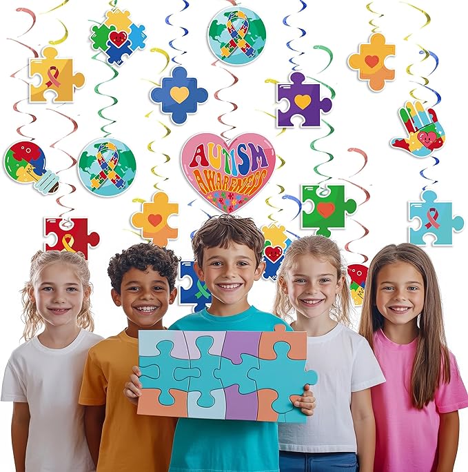 38pcs Autism Awareness Hanging Swirl Decorations, Autism Awareness Puzzle Piece Hanging Swirls for Home Party Wall Decoration, April Festival Party Supplies