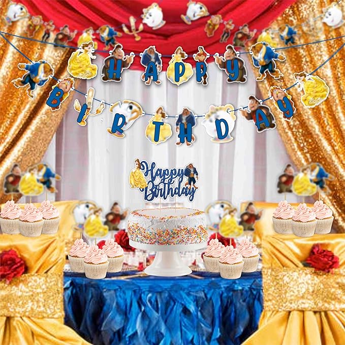 "Bauty & The Bast Theme Birthday Party Supplies – Princess Fairy Tale Party Decorations – Includes Happy Birthday Banner, Cake Topper, Cupcake Toppers, Garland & Table Décor for Celebrations"