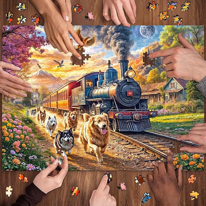 Jigsaw Puzzles for Adults 1000 Pieces, Interlock Perfectly Letter on Back No Dust, Home Decor Birthday Party Gift Toy for Men Women Elders Seniors, 1:1 Poster-Happy Train