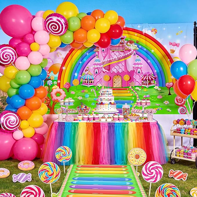 Mocsicka Candyland Party Banner Decorations 2 Pack - Candyland Castle Birthday Backdrop for Girls Birthday Lollipop Sweet Donut Theme Party Supplies (2 Pack, 70.8x43.3 inch)