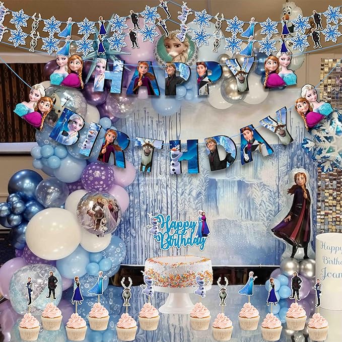 Frozn Theme Birthday Party Supplies - Decoration Set for Girls Celebration, Ice Princess Party Décor Kit with Banner, Cake Topper, Cupcake Toppers and Table Decorations for Home Event Setup