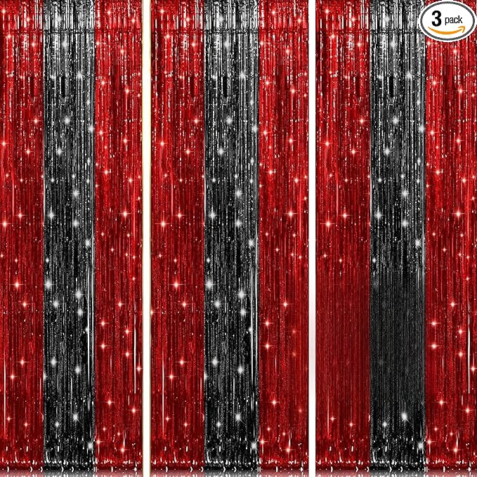 3 Pack Black and Red Backdrop Party Decorations Tinsel Curtain Party Backdrop Foil Fringe Birthday Decorations Photo Booth Streamer for Bachelorette Graduation Party Decorations