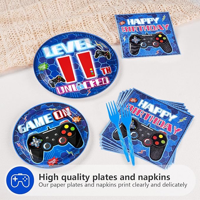 Grencian 96Pcs 11th Birthday Decorations for Boys Blue Video Game 11th Birthday Plates Disposable Paper Tableware Set for Kids Boys Girls 11 Year Old Video Game Theme Party Supplies, Serves 24