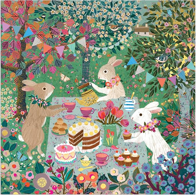 Galison Spring Tea Party – 500 Piece Foil Jigsaw Puzzle Featuring Beautiful Artwork of Rabbits Enjoying A Tea Party