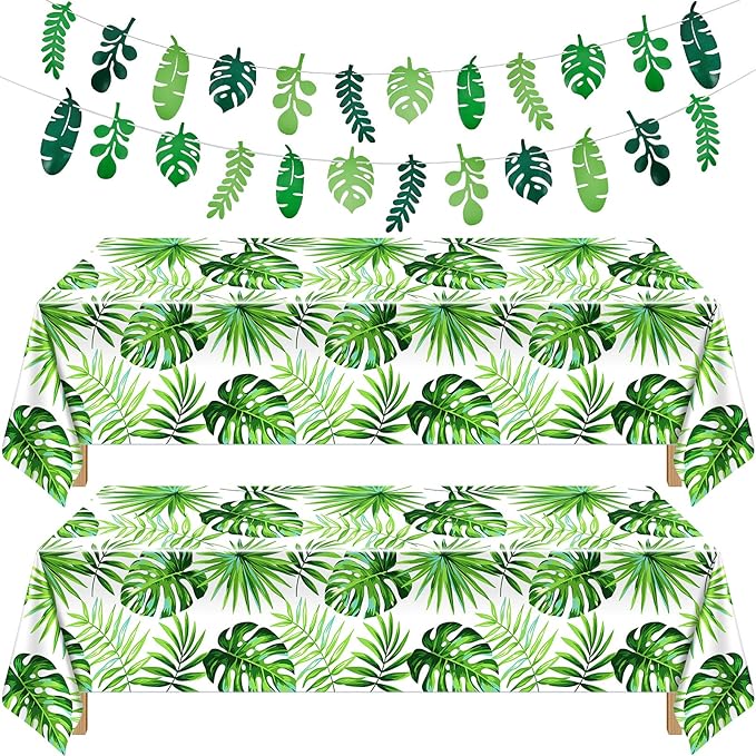 Tatuo 2 Pieces Palm Leaf Table Covers Hawaii Green Leaves Tablecloths Tropical Leaf Table Cloths and 2 Pieces Palm Leaves Banners Decorations for Tropical Party Decorations