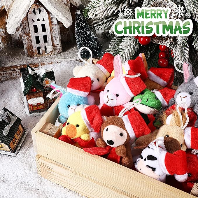 Skylety 50 Pcs Mini Stuffed Animals Bulk Cute Safari Jungle Small Plush Doll Toy Set Tiny Plush Keychain Decoration for Easter Party Favor Gift Carnival Classroom Prize(Santa Style,Cute Color)