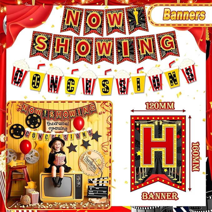 150pcs Movie Night Decorations, Movie Themed Party Decorations, Movie Theater Decor Balloons Arch, Now Showing Popcorn Concessions Banner, Foil Balloons for Movie Night Birthday Party Decorations