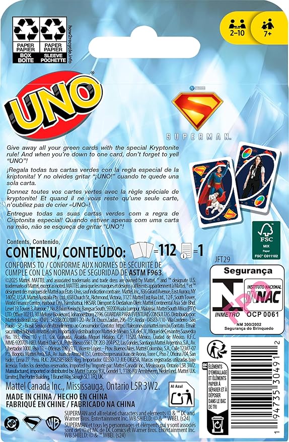 Mattel Games UNO Superman Card Game for Kids, Adults & Family Nights, Parties, Travel & Camping, Toy Collectible Inspired by The Movie