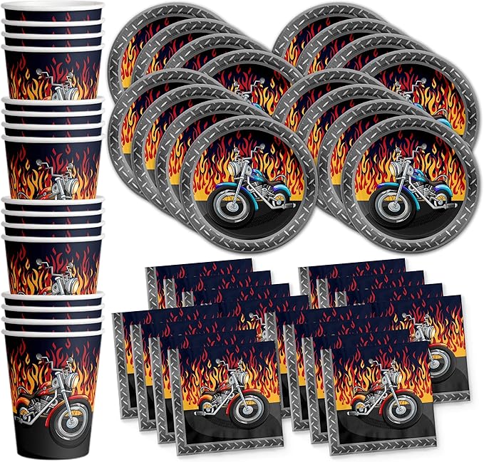 Motorcycle Biker Birthday Party Supplies Set Plates Napkins Cups Tableware Kit for 16
