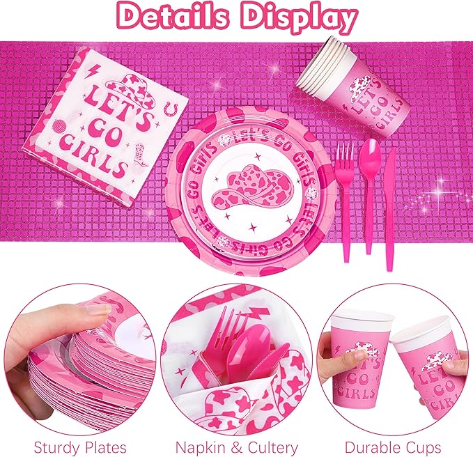 durony 176 Pieces Let's Go Girls Decorations Disco Cowgirl Party Supplies Let's Go Girls Hot Pink Table Runner Paper Plates Cups for Bachelorette Cowgirl Disco Party, Serve 25 Guests