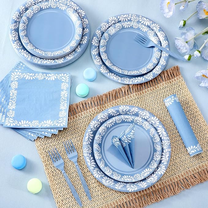 122 Pcs Blue Cielito Lindo Baby Shower Decoration Platos De Barro Mexicanos Fiesta Talavera Paper Plates Mexican Napkins Forks Tableware Set for Birthday Weeding Party Supplies, Serve 24