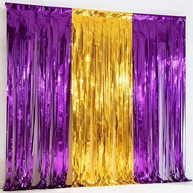3 Packs Purple Gold Foil Fringe Curtains, Birthday Party Decorations Backdrop Tinsel Steamer, Wedding Engagement Bridal Shower Party Decorations Retirement Decor Graduation Party Backdrop