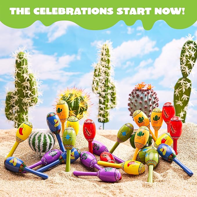 JOYIN 24 Mini Wooden Fiesta Maracas 6 Designs Noisemaker for Mexican Fiesta, Cinco De Mayo Party Favors, Musical Fun, Birthday Parties, Luau Party, Carnivals, Taco Tuesday Event