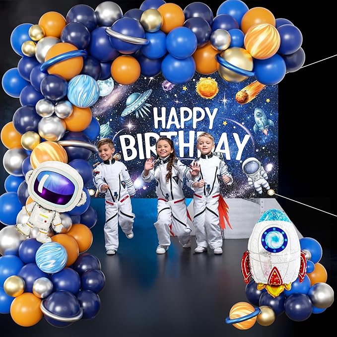 Outer Space Birthday Decorations for Boys,Party Decor Supplies Boy Including Happy Birthday Backdrop,Rocket Balloons Astronaut Foil Balloon