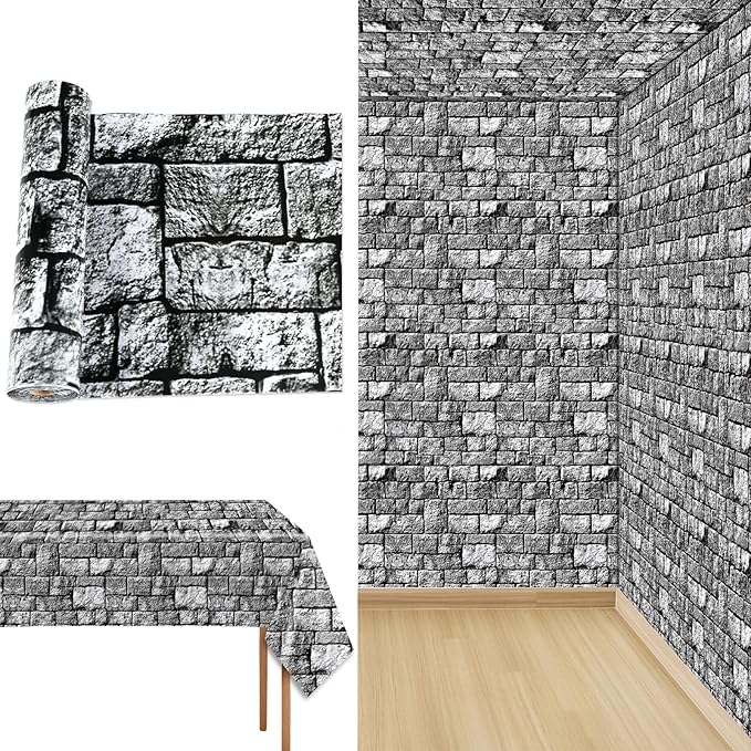 party greeting Brick Stone Wall Tablecloth Roll 100FT x 51 Inch Disposable Stone Wrapping Plastic Table Cover Castle Backdrop for Halloween Western Birthday Medieval Party Decoration Favors Supplies