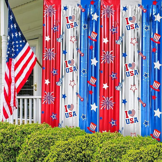 Red White Blue Decorations 2 Pack 3.3 x 6.6 Ft Red White Blue Tinsel Foil Fringe Curtains America Star Firework Streamer Backdrop Photo Prop for Patriotic Independence Memorial Labor Day