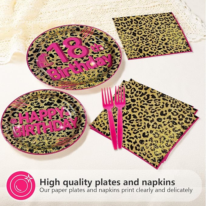 96Pcs Cheetah Print 18th Birthday Party Supplies Pink Animal Leopard Print Plates and Napkins Leopard Happy 18th Birthday Tableware Set for Girls Safari Animal Party Decorations Serves 24