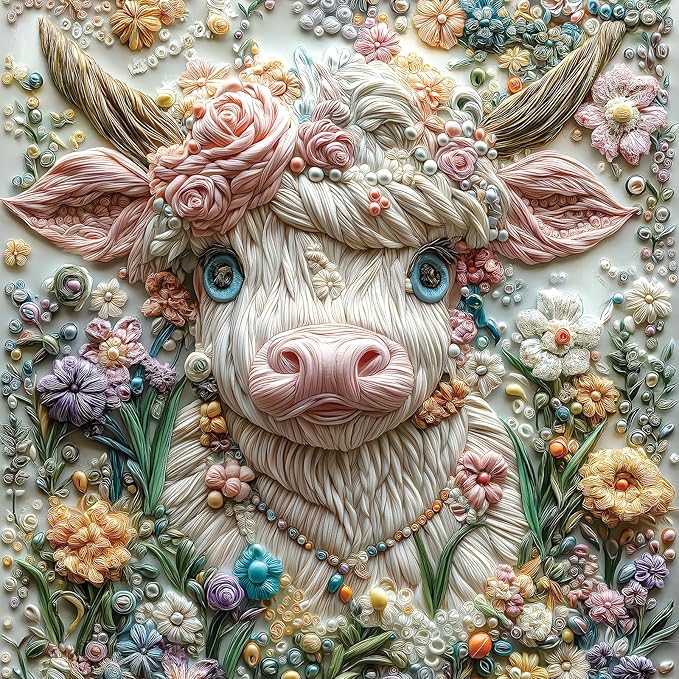 500 Piece Puzzles for Adults - Quilling Art Highland Cow Floral Jigsaw Puzzle, 20x20 Inches 3D Effect Art Puzzle for Relaxation & Home Wall Decor