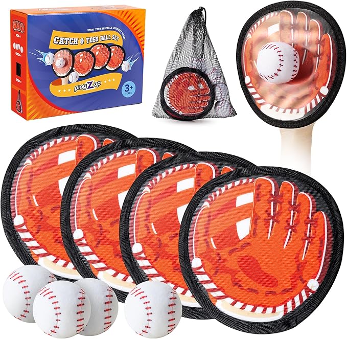Playzap Toss and Catch Ball Set - Baseball Glove Toy Indoor Outdoor Yard Game & Beach/Pool/Sand Toy Set 2 Pack or 4 Pack - Easter Basket Stuffers for Toddlers Kids Youth Boys Girls 2-4 5-7 8-13+ Yrs