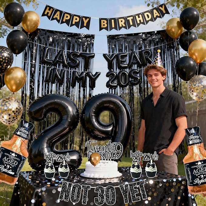 Last Year In my 20S Birthday Party Supplies for Men 29th Birthday Decorations include Balloon Banner Not 30 Yet Glitter Banner Cake Topper Cupcake Toppers Tablecloths(black and gold)