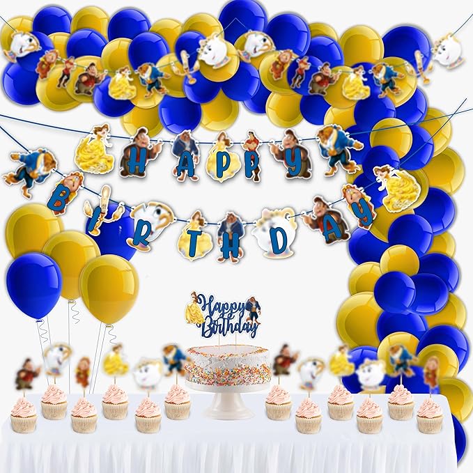 "Bauty & The Bast Theme Birthday Party Supplies – Princess Fairy Tale Party Decorations – Includes Happy Birthday Banner, Cake Topper, Cupcake Toppers, Garland & Table Décor for Celebrations"