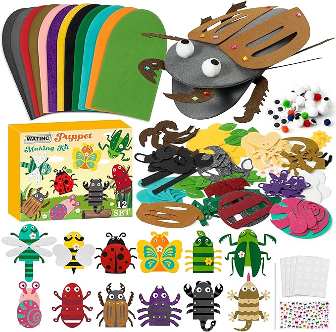 WATINC 12 Pcs Hand Puppet Making Kit, Art Craft Felt Sock Puppet Toys, Creative DIY Make Your Own Pompoms Wiggle Googly Eyes Storytelling Role Play Party Supplies Gift for Girls Boys (Insect Animals)