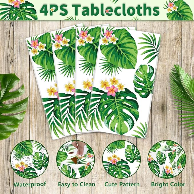 4 Pack Hawaiian Luau Tablecloths Tropical Palm Leaves Table Cloth Hawaiian Luau Table Cover Palm Leaves Table Cloth Baby Birthday Birthday Party Summer Pool Tropical Party Decorations 86 x 51 IN
