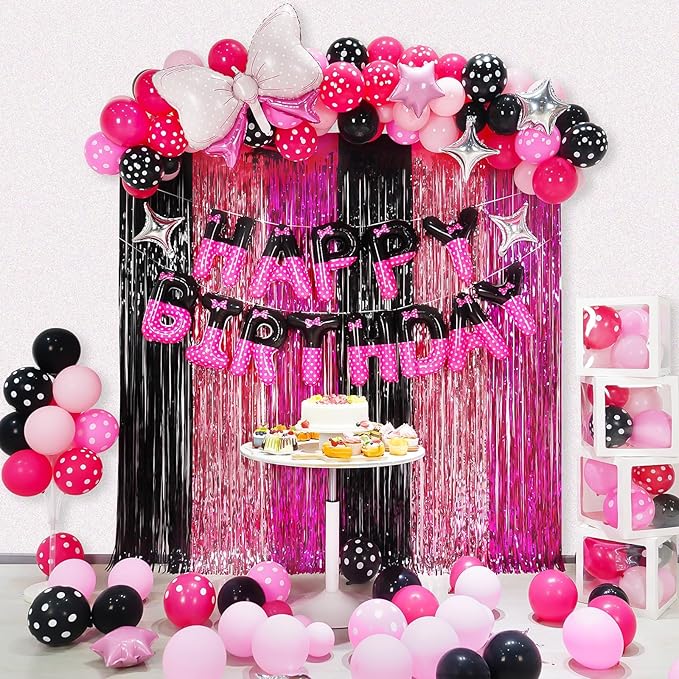 YIIHMEI Cartoon Mouse Birthday Party Decorations Supplies with Black Pink Style Letters Banner Balloons Kit for Girl's-104Pcs
