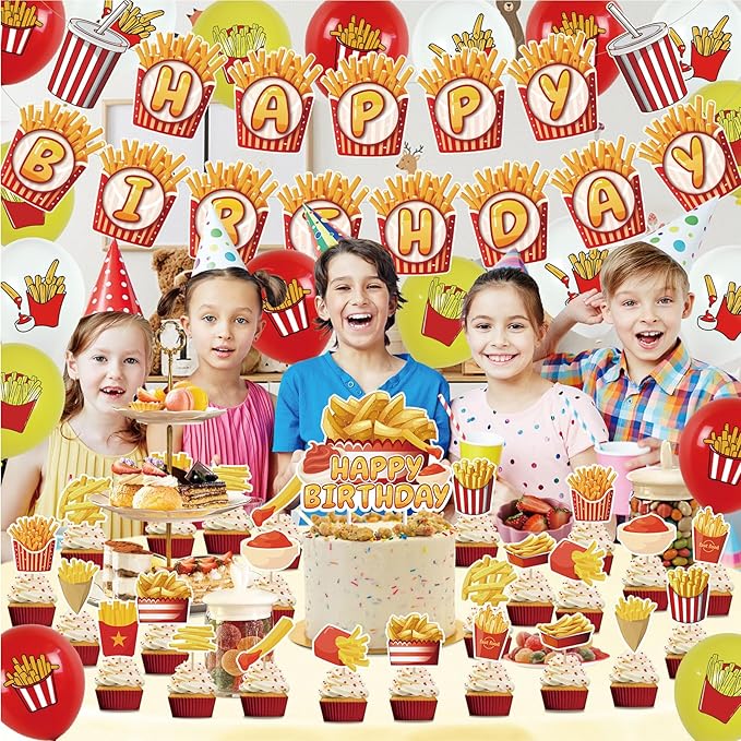 French Fries Birthday Party Supplies French Fries Party Decorations Include HAPPY BIRTHDAY Banner Balloons Cake Topper Cupcake Toppers Fast Food Birthday Party Decorations