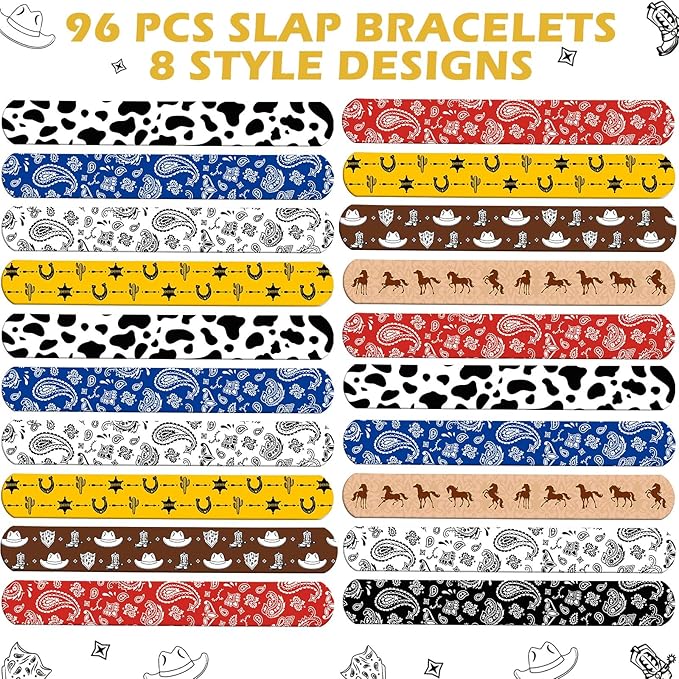Sosation 96 Pack Western Party Slap Bracelets Cowboy Cowgirl Bracelets Horse Wristbands for Western Themed Parties Birthday Party Favors Supplies Decorations, 8 Styles