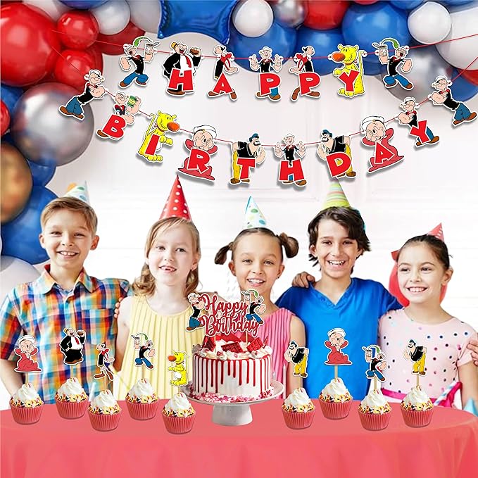 Popye Theme Birthday Party Supplies - Sailor Cartoon Inspired Party Decorations, Nautical Theme Birthday Banner, Cake Topper & Cupcake Decoration Set, Sea Adventure Celebration Decor