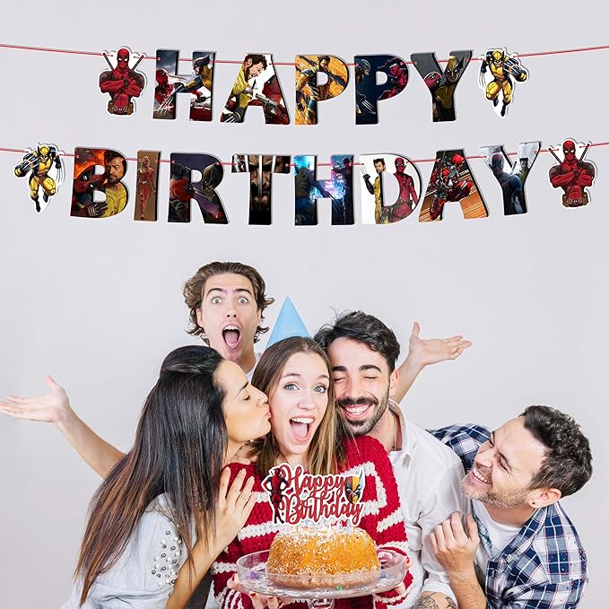 Dedpol Theme Birthday Party Supplies – Bold and Hilarious Comic-Inspired Party Decorations Set with Banner, Cupcake Toppers, Wrappers, Cake Topper – Funny Action Hero Style for Boys, Teens & Adults