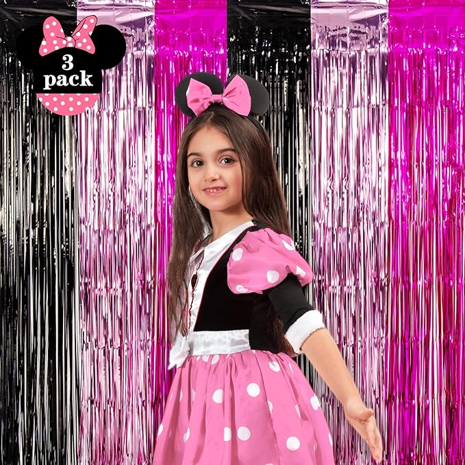 LOLStar 3 Pack Cartoon Mouse Birthday Party Supplies,3.3x6.6 ft Black Pink Fuchsia Tinsel Foil Fringe Curtains,Cartoon Mouse Photo Booth Prop Streamer Backdrop, Kawaii Party Decoration for Girls Baby
