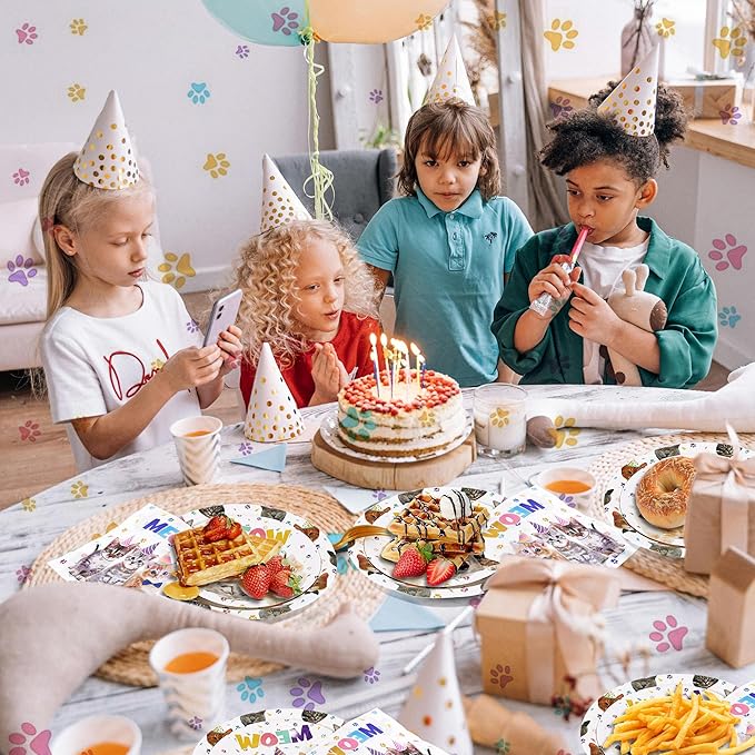 CANREVEL 96 PCS Cat Party Plates Serve 24, Cat Plates and Napkins Forks Set, Disposable Tableware for Birthday Supplies Party Decorations for Grils Women Boys Men