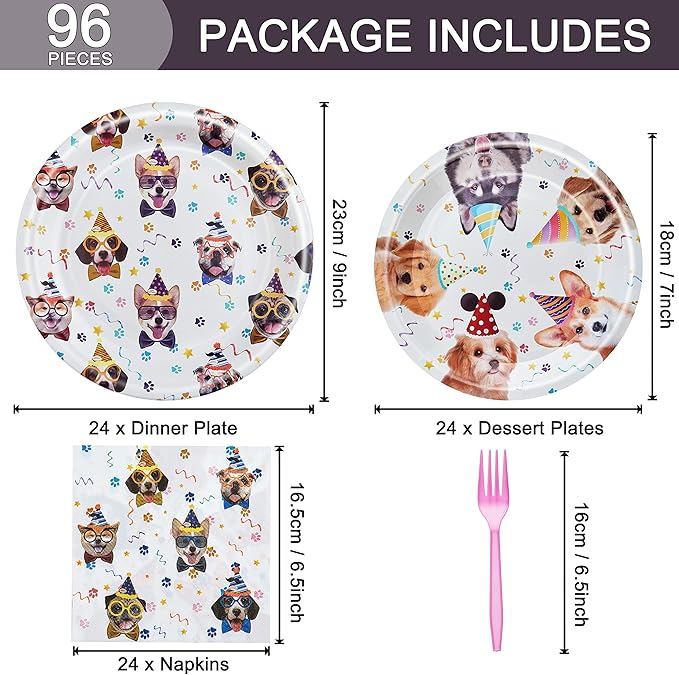 Fesciory 96 Pcs Dog Birthday Party Plates Napkins Forks Supplies Tableware Set Disposable Paper Dog Theme Decoration for Kids Birthday Party, Serves 24 Guests