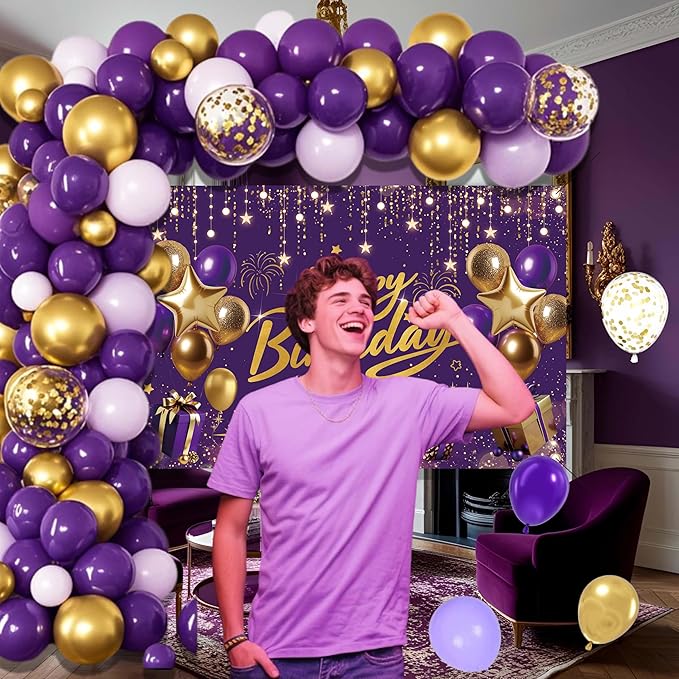 Purple and Gold Birthday Decorations for Women,Party Supplies with Happy Birthday Backdrop,Balloon Garland Arch Kit For Girls