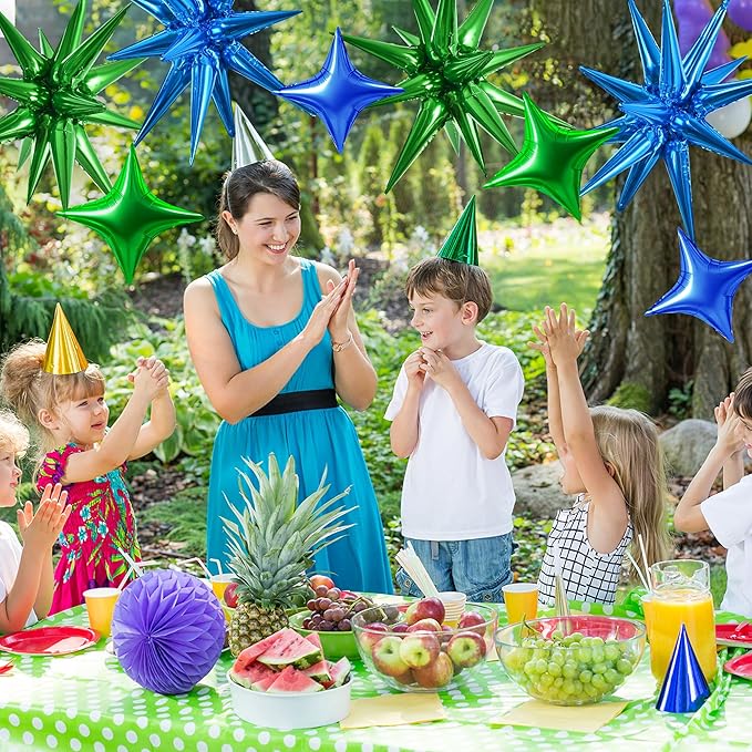 TONIFUL 18Pcs 22Inch Blue Green Large Explosion Star Mylar Balloons and 10Inch Four Pointed Star Balloons Set for Christmas New Year Birthday Wedding Bridal Shower Anniversary Photo Booth Supplies