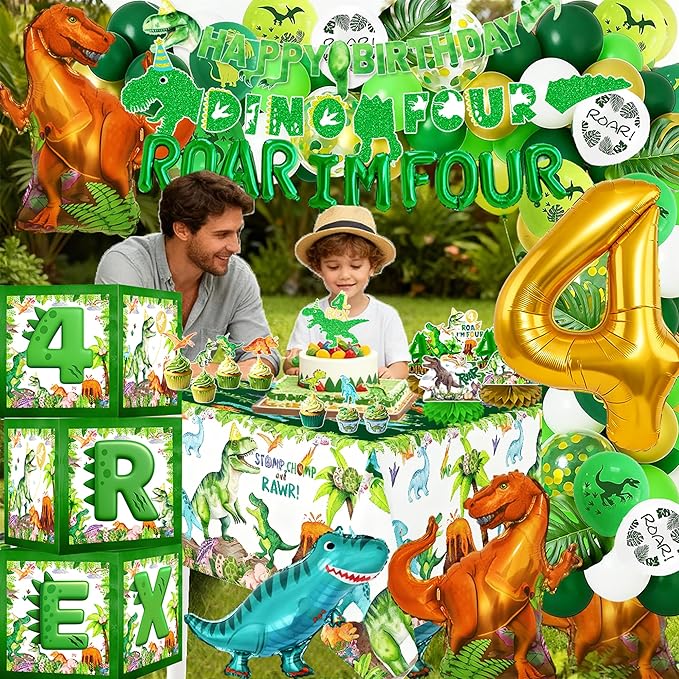Roar I Am Four Dino 4 Birthday Party Decorations for Boys – Four Rex Themed 4th Birthday Kit Including Banner Backdrop, Tablecloths, Balloon ，Crown And Boxes For 4 Rex Party Supplies