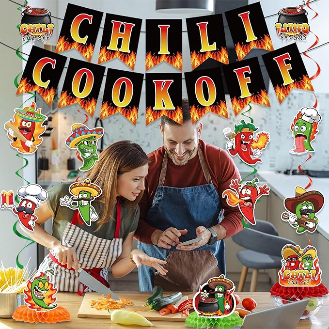 Chili Cook Off Decorations Include Chill Cook Off Banner Chili Hanging Swirls Honeycomb Centerpieces Chili Contest Tasting Competition Theme Party Supplies