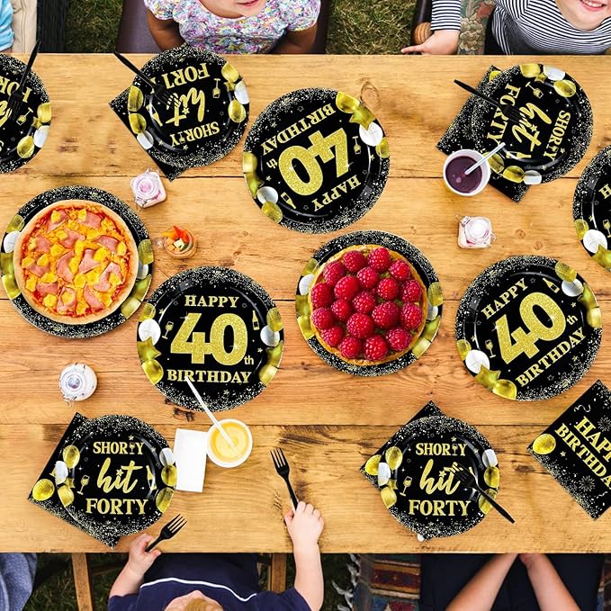 96Pcs 40th Birthday Party Supplies Black and Gold Shorty Hit Forty Plates and Napkins Gold Cheers to 40 Tableware Set for Women Men Happy 40th Birthday Party Supplies，Serves 24