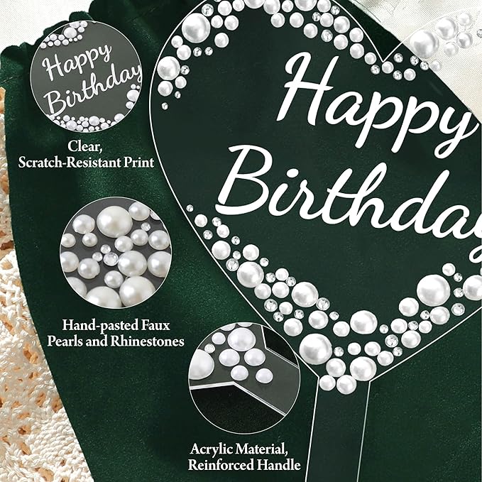 Coucoland Happy Birthday Cake Topper - Heart Acrylic Cake Decor with Sparkling Rhinestones and Pearls for Party Supplies